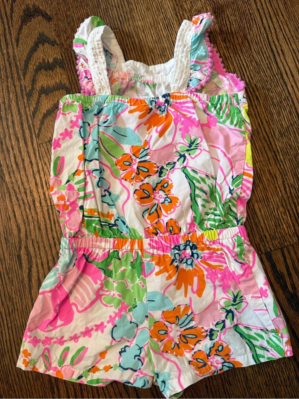 Lilly Pulitzer Girls Tropical Print Romper - Pink, Green, Aqua